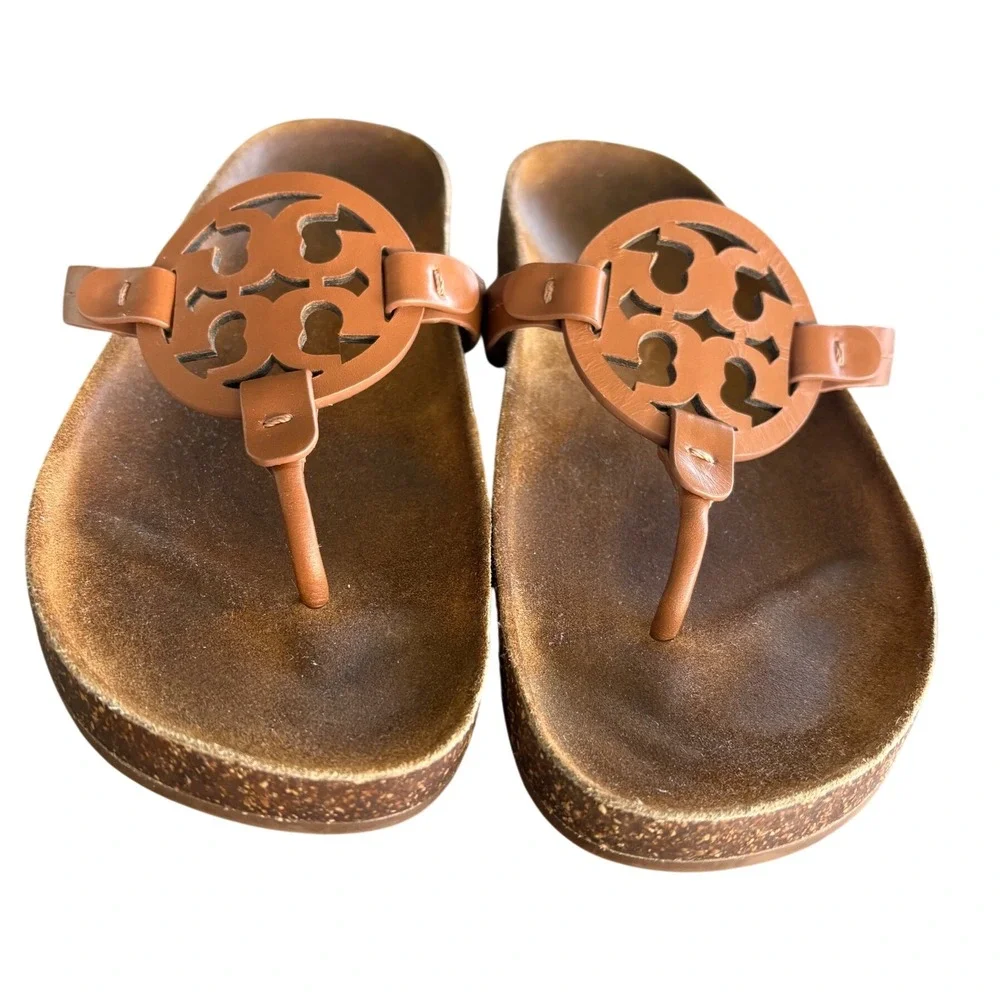 Tory Burch Miller Cloud Sandal 11 Tan Leather EUC Cork Thong Logo